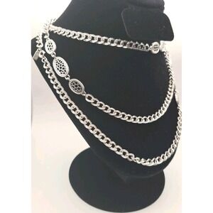 Vintage Monet Silver Tone Double/Triple 56" Necklace Oval Medallions Signed